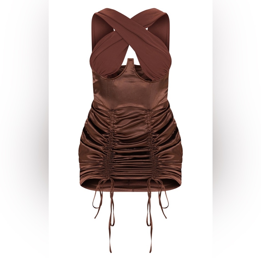 CHOCOLATE SATIN HALTERNECK UNDERBUST RUCHED BODYCON DRESS